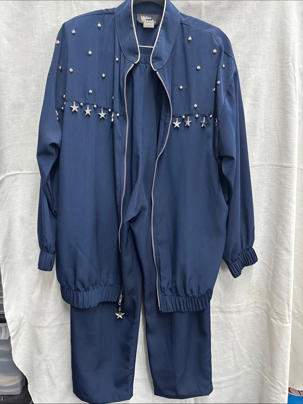 Embellished Star-Trim Navy Zip-Front Women’s Jacket